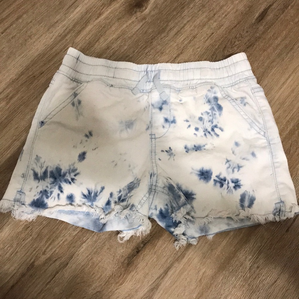 White and blue tie dye jean shorts